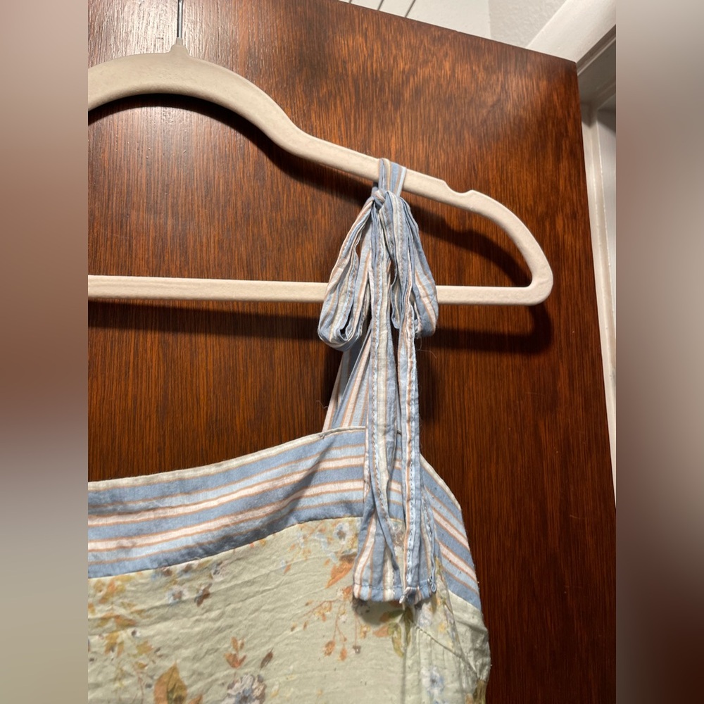 Floral Tie Midi Strap Dress with Blue, Green, and Beige Tones - Picture 8 of 12